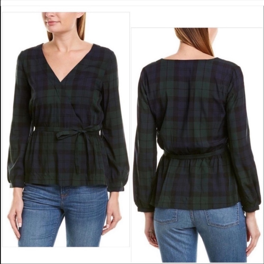 J. Crew Plaid V-Neck Blouse - Navy and Green